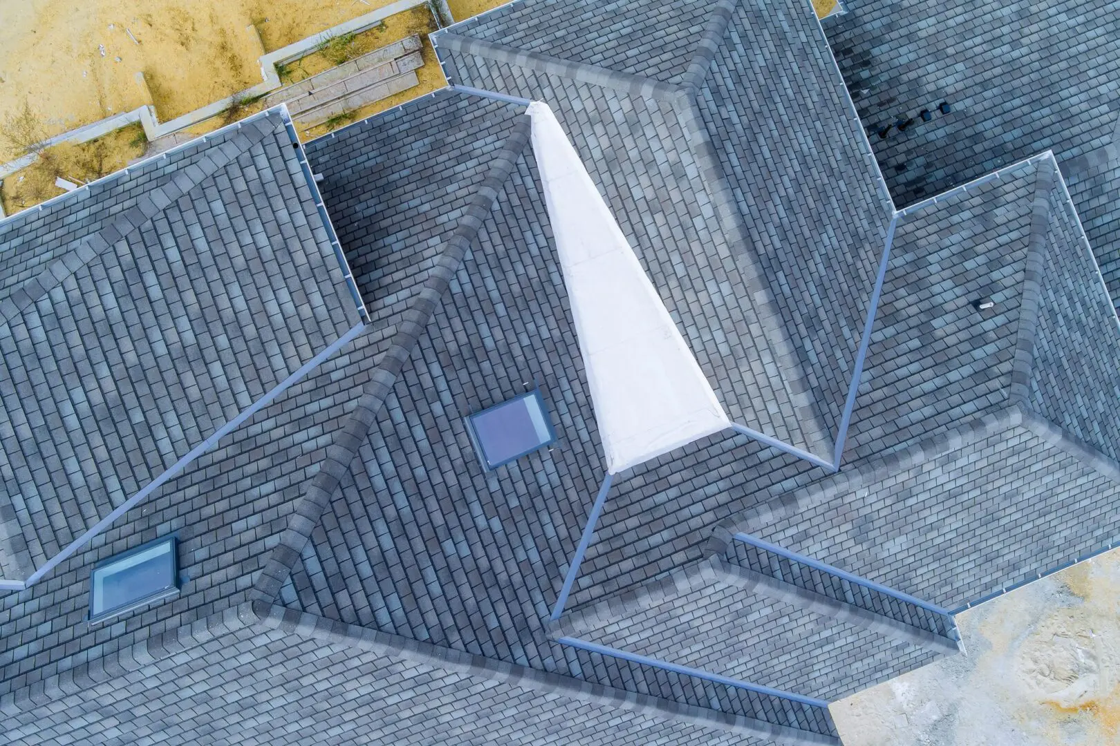 Aerial view of geometric rooftop design.