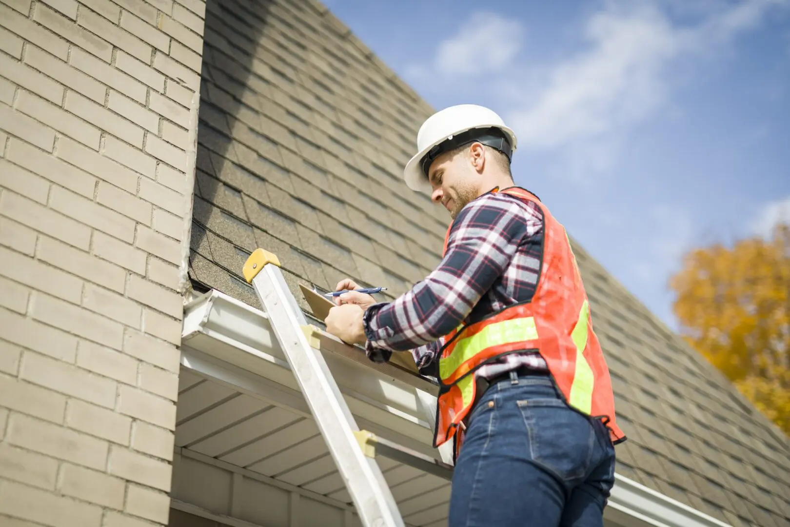 Worker on ladder fixing roof shingles.