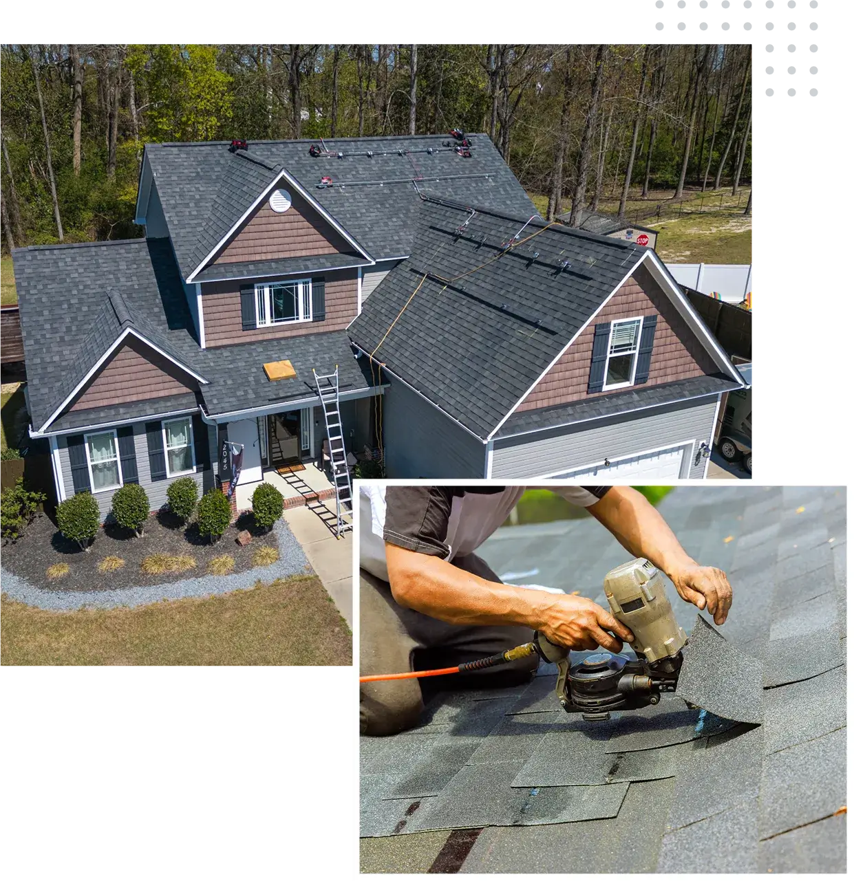 House roof installation with nail gun.