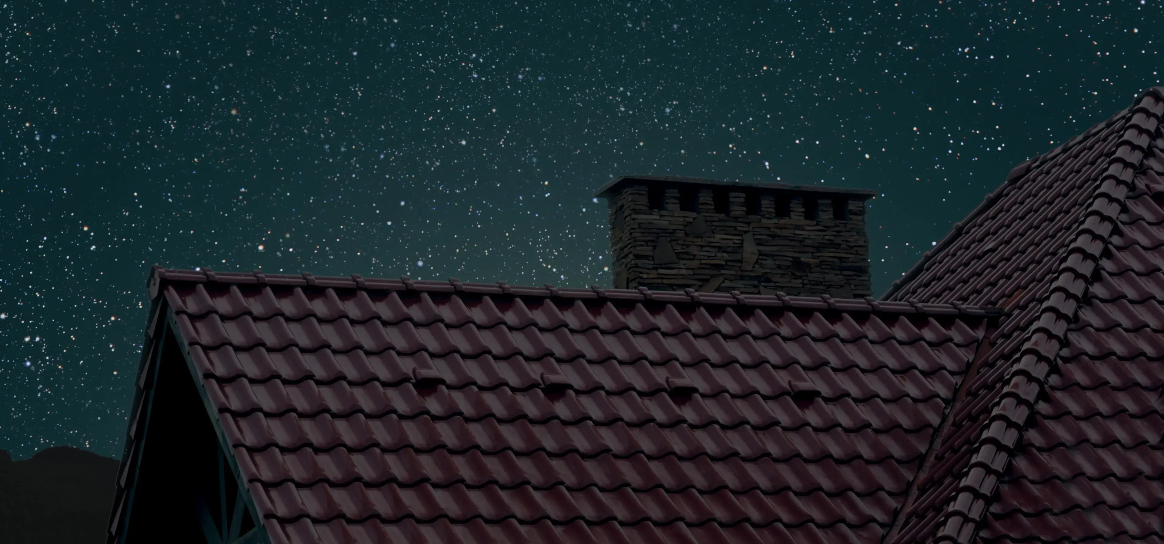 Starry night sky over a tiled roof.