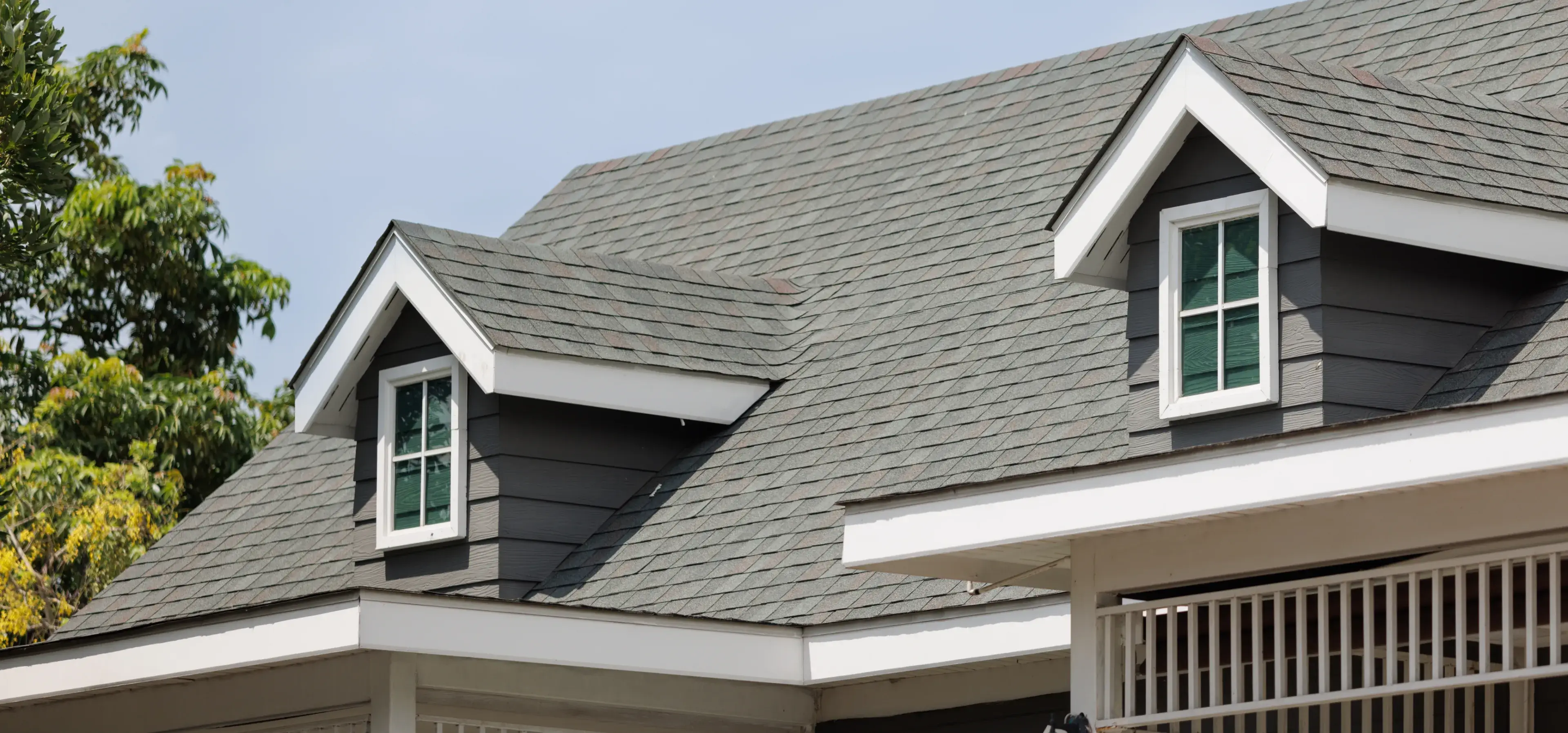 House roof with dormer windows and trees.