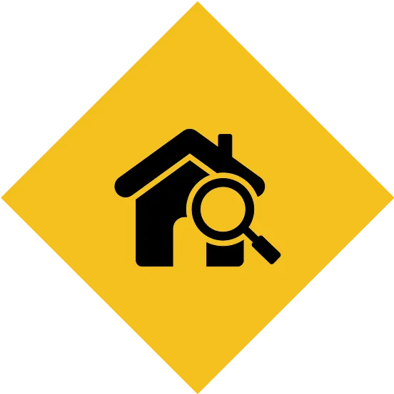 House with magnifying glass icon.